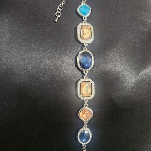 Silver Multi-Gemstone Bracelet with Blue and Amber Stones